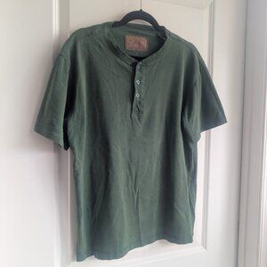 Short sleeve t-shirt. Henley-style.  Hunter Green. Clearwater Outfitters